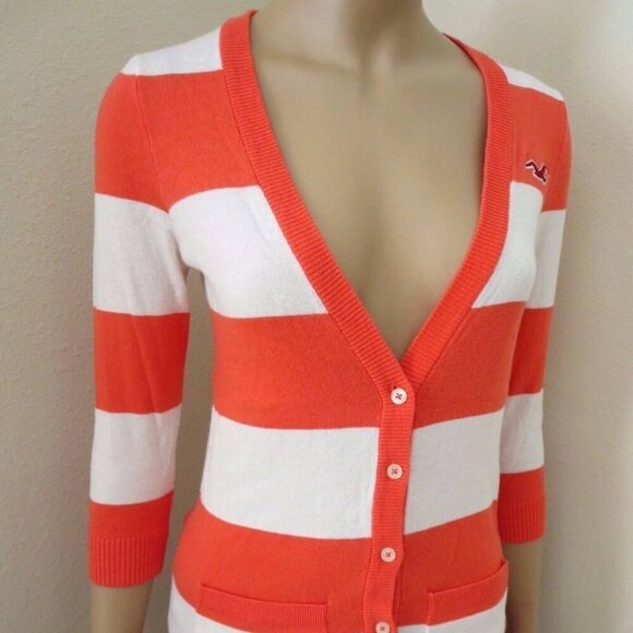 NWT Hollister Womens Cardigan Sweater Size Small Striped Top Shirt Coral & White - Picture 3 of 4